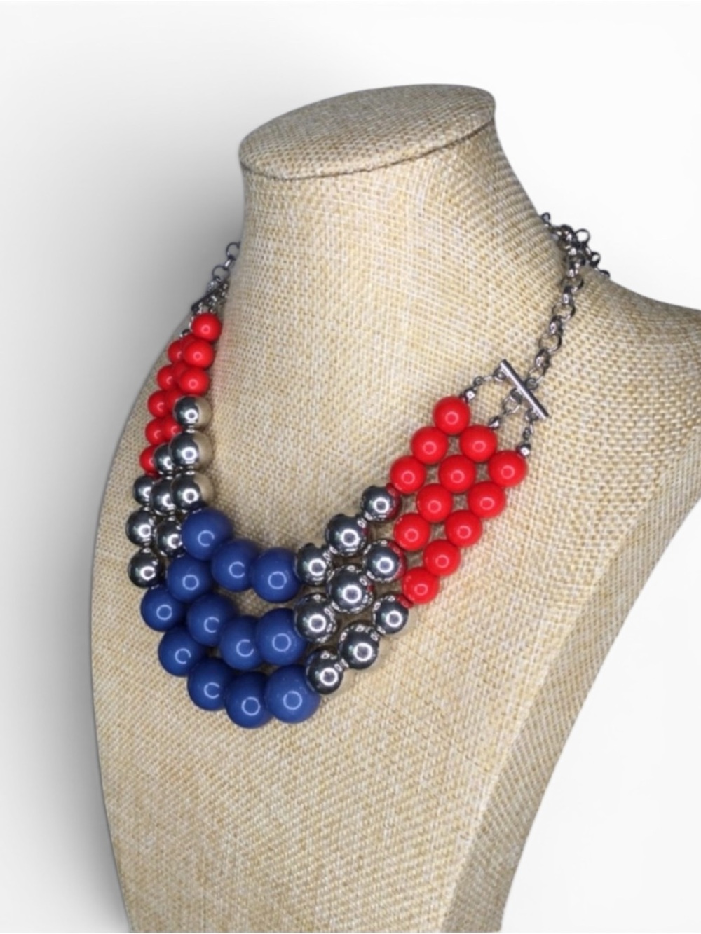 Triple‑Strand Red, Silver & Navy Patriotic Beaded Statement Necklace - Picture 7 of 12